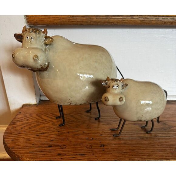 Pair Of Vintage Weird Cow Figurines Stoneware Glazed...